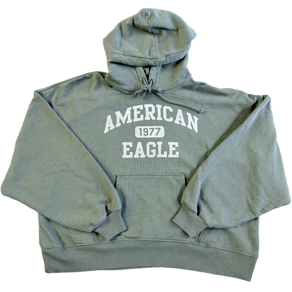 VTG American Eagle 1977 Olive Green Hoodie Pullover Fleece Sweatshirt Grunge XS